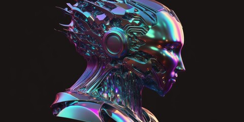 Robotic head composed of glossy, iridescent material, holographic human bust. Artificial intelligence and futuristic technologies illustration. Generative AI