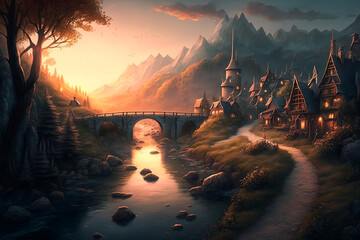 Elf village by the river, Generative AI