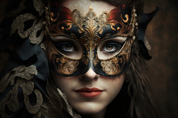 Woman face wear beautiful  masquerade mask. Carnival party festival of jewish hamantaschen costume. generative ai.