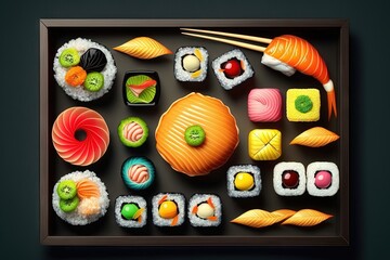 Background of sushi and rolls, black frame, top view. Japanese restaurant food arranged in bright colors. Generative AI
