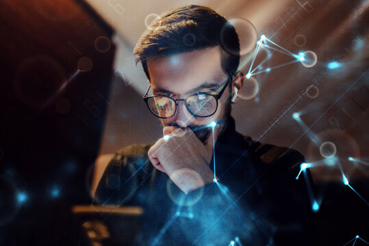 Big data management, digital technology, software development concept. Computer programmer, software engineer programming on laptop, data processing with computer code, technology background