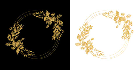 Elegant luxury frames, floral wreath, сircle monogram with hand drawn wild herbs and flowers. Vector illustration for invitation or wedding decor, logo, labels, branding, business identity