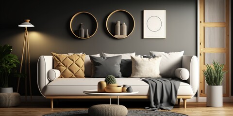 Domestic interior of living room with mock up poster frame, modern sofa, oval wooden coffee table, round pillows, braided plaid, rug, wooden floor, lamp and personal accessories. Home decor. Template