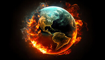 ESG inspired, close-up on an heated planet earth on fire