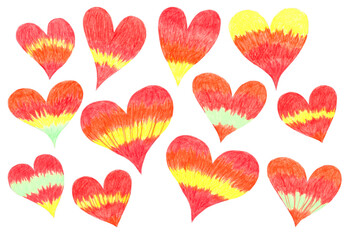 Set of colorful romantic hearts hand drawn with colored pencils on white background