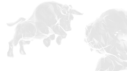 X-ray bull and bear sculpture staring at each other in dramatic contrasting light representing financial market trends under white background. Concept images of stock market. 3D CG. PNG file format.