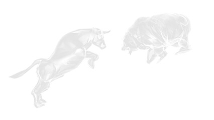 X-ray bull and bear sculpture staring at each other in dramatic contrasting light representing financial market trends under white background. Concept images of stock market. 3D CG. PNG file format.