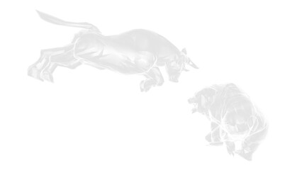 X-ray bull and bear sculpture staring at each other in dramatic contrasting light representing financial market trends under white background. Concept images of stock market. 3D CG. PNG file format.