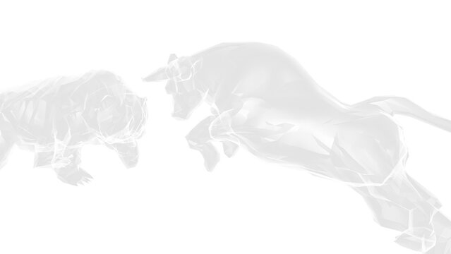 X-ray bull and bear sculpture staring at each other in dramatic contrasting light representing financial market trends under white background. Concept images of stock market. 3D CG. PNG file format.