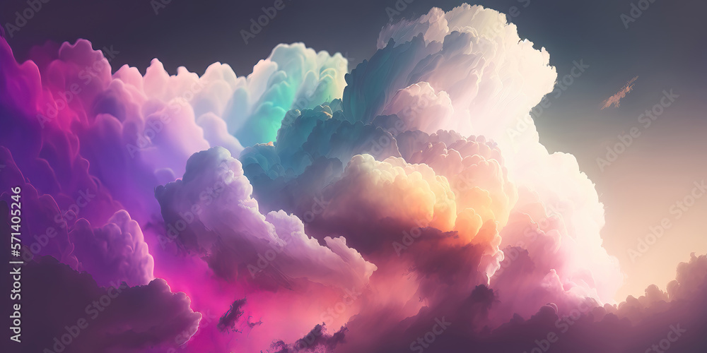 Wall mural abstract panoramic header design background with pastel colorful clouds, generative ai