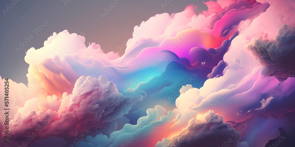 Poster abstract panoramic header design background with pastel colorful clouds, generative ai