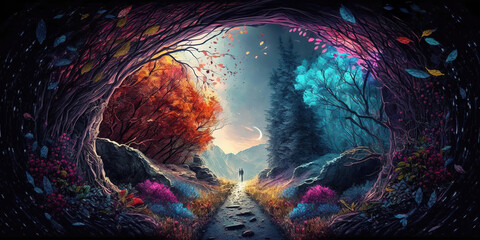 spectacular enchanted colorful fantasy forest background, generative ai