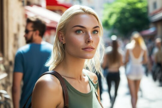 blonde attractive young woman looking away at touristic destination. Generative AI