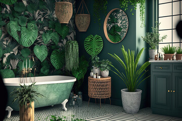 interior decor inspired by the urban jungle. Modern bathroom furnished with wicker furniture and green tropical plants. In the bohemian bathroom, a freestanding white tub, a shower, and a sink are loc