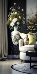 Modern interior of Living room with flower vase and sofa background. Generative AI
