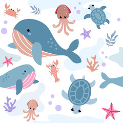 Seamless pattern with ocean whale, turtle, octopus, crab , lobster and starfish