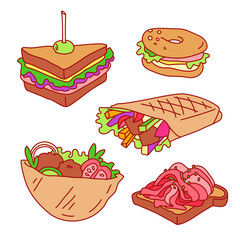 Sandwich, bagel, falafel, burrito, kebab, toast. Colorful hand drawn vector illustrations set isolated on background. Outline stroke is not expanded, stroke weight is editable  