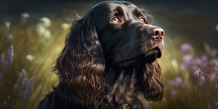field spaniel in open air. Generative AI