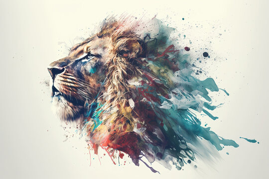 abstract colorful double exposure waterpaint lion illustration background design, generative ai
