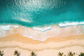 Obraz premium Top view of sandy ocean beach with turquoise sea water and palm trees, generative ai