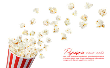 Flying popcorn flakes with bucket, striped box - obrazy, fototapety, plakaty