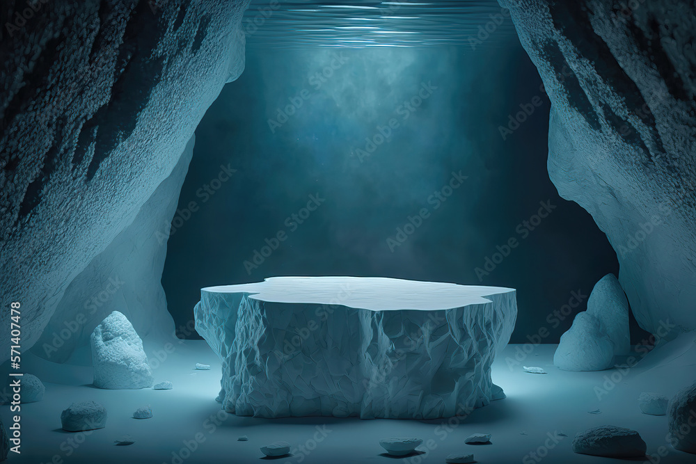 Wall mural underwater scene with empty stone pedestal for product display, generative ai