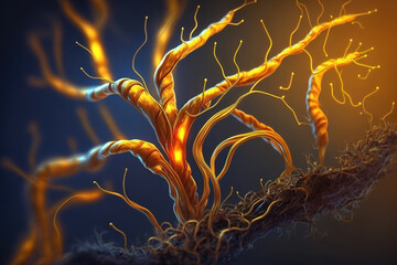 abstract illustration of cordyceps mushroom fungus hypha mycelium tendrils, generative ai - obrazy, fototapety, plakaty