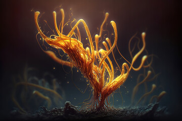 abstract illustration of cordyceps mushroom fungus hypha mycelium tendrils, generative ai