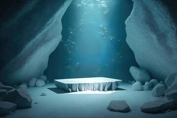 underwater scene with empty stone pedestal for product display, generative ai