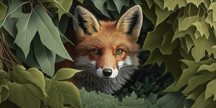 red fox in the forest, hiding in the leaves, generative ai