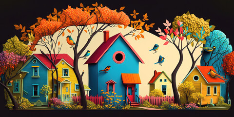 houses in the park, lovely neighbourhood illustration, generative ai