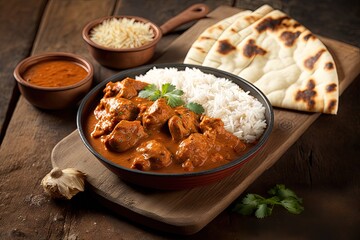 Chicken tikka masala spicy curry meat food in a clay plate with rice and naan bread on wooden background. Generative AI