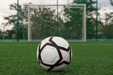 New soccer ball on green football field