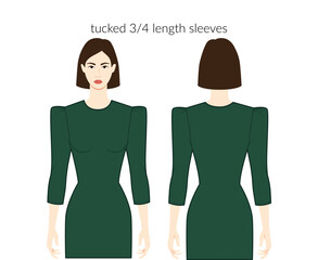 Tucked sleeves clothes character beautiful lady in emerald top, shirt, dress technical fashion illustration, 34 bracelet length. Flat apparel template front, back sides. Women, men CAD mockup