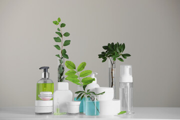 Many containers and glass tubes with leaves on white table against light grey background