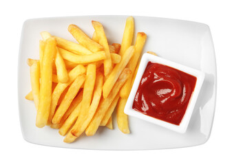 Tasty French fries and ketchup on white background, top view