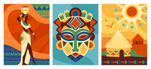 Set of colorful African posters. Banners with beautiful african american girl in traditional dress, tribal ethnic mask and settlement with houses. Cartoon flat vector collection isolated on white © Rudzhan