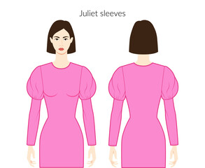 Juliet sleeves Mahoitres, Gibson Girl clothes - leg of mutton dresses, tops, shirts technical fashion illustration, fitted body. Flat apparel template front, back sides. Women, men unisex CAD mockup