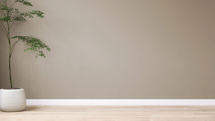 Blank beige brown wall in house with green tropical tree in white modern design pot, baseboard on wooden parquet in sunlight for luxury interior design decoration, home appliance product background 3D