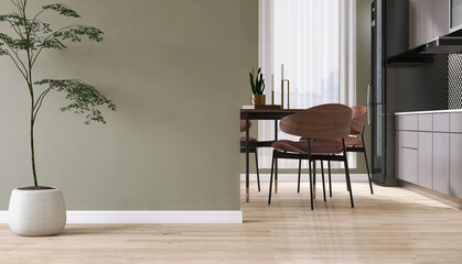 Blank sage green wall partition, white baseboard on parquet floor in luxury, modern kitchen with...