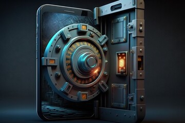 Mobile security and smartphone protection concept. Smartphone and image of a vault door for a bank. antiviral software and online crime prevention. Generative AI