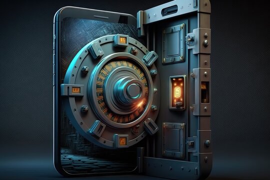 Mobile security and smartphone protection concept. Smartphone and image of a vault door for a bank. antiviral software and online crime prevention. Generative AI