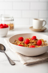 Granola with Red Raspberries and coffee