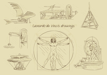 Italian Renaissance. Poster with inventions and scientific discoveries of Leonardo da Vinci. Portrait of Virtuvian man, scheme of first helicopter. Cartoon flat vector collection isolated on beige - obrazy, fototapety, plakaty
