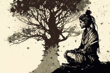 Paintography. Person sitting in meditation beneath a sizable tree is depicted in a close up profile portrait and a black ink drawing. Generative AI