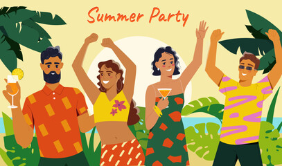 Summer party concept. Happy smiling men and women dance to music, drink cocktails and relax on beach of tropical island. Event or holiday. Tourism, travel or vacation. Cartoon flat vector illustration - obrazy, fototapety, plakaty