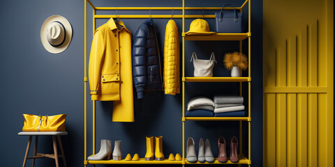 Modern wardrobe with stylish yellow blue clothes and accessories. Rack with female clothes. digital ai art
