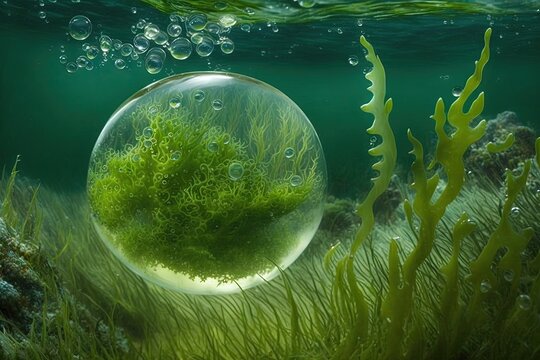 air bubbles in the water and the green alga Ulva lactuca, also known as sea lettuce. Generative AI