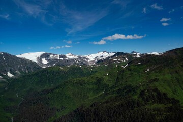 beautiful bright sunny day with mountain peaks and snow caps