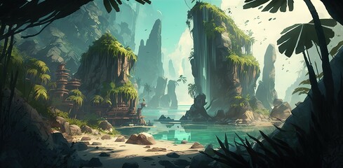 digital fantasy concept art depicting an alien environment with a tropical setting. Generative AI